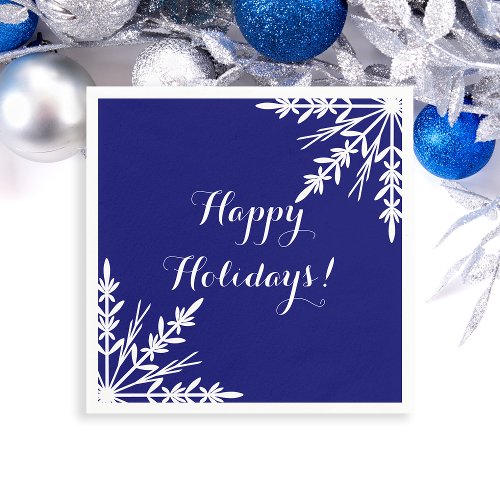 White Winter Snowflakes on Blue Happy Holidays Paper Napkins