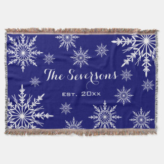 White Winter Snowflakes on Blue Throw Blanket
