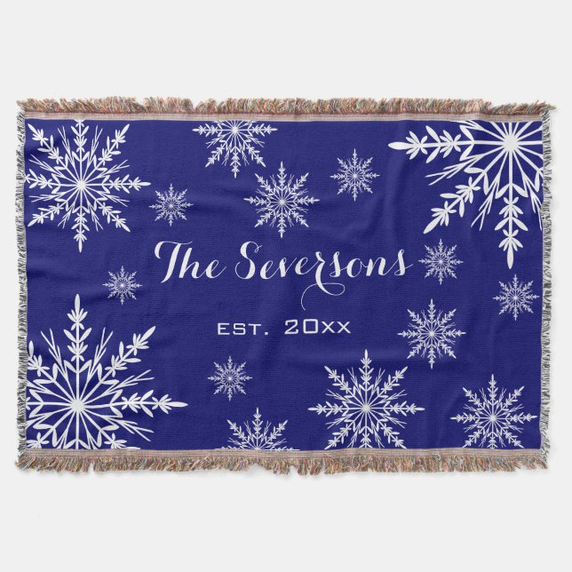 White Winter Snowflakes on Blue Throw Blanket (Front)