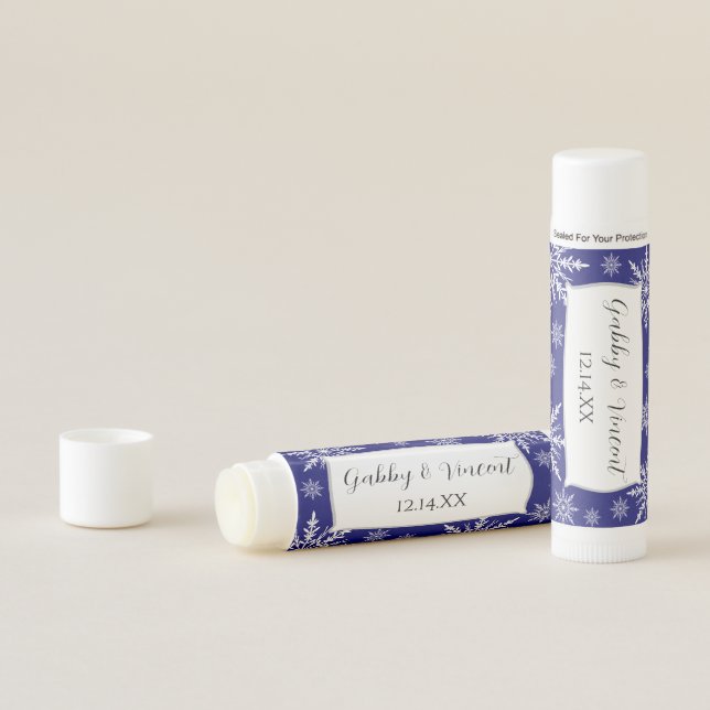White Winter Snowflakes on Blue Wedding Favor Lip Balm (In Situ)