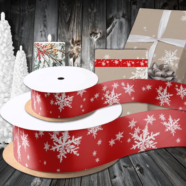 White Winter Snowflakes On Holiday Red Satin Ribbon (White Winter Snowflakes On Holiday Red Satin Ribbon in 1.5 and 3 Inch Widths)