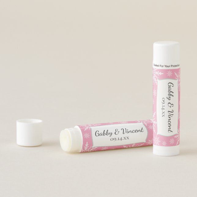 White Winter Snowflakes on Pink Wedding Favor Lip Balm (In Situ)