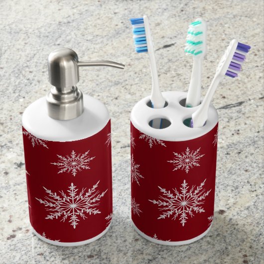 White Winter Snowflakes on Red Bath Set (Front)