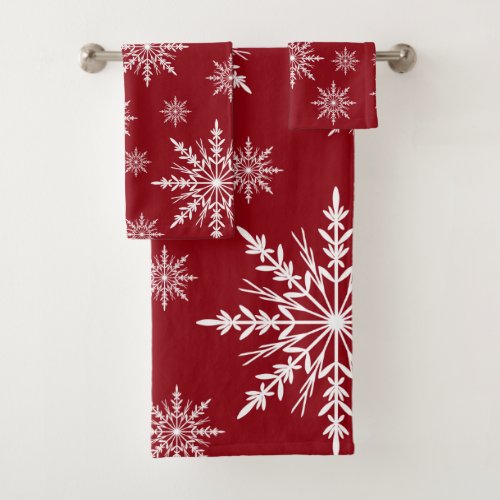 White Winter Snowflakes on Red Bath Towel Set