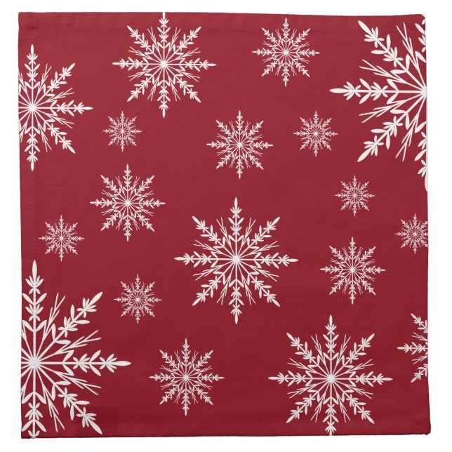 White Winter Snowflakes on Red Cloth Napkin (Front)