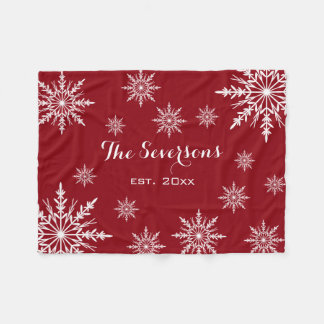 White Winter Snowflakes on Red Fleece Blanket