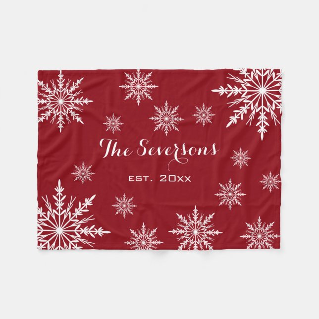 White Winter Snowflakes on Red Fleece Blanket (Front (Horizontal))