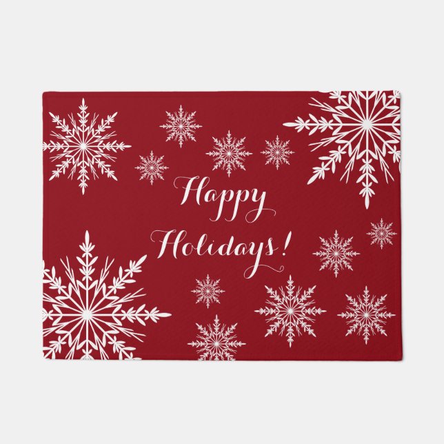 White Winter Snowflakes on Red Happy Holidays Doormat (Front)