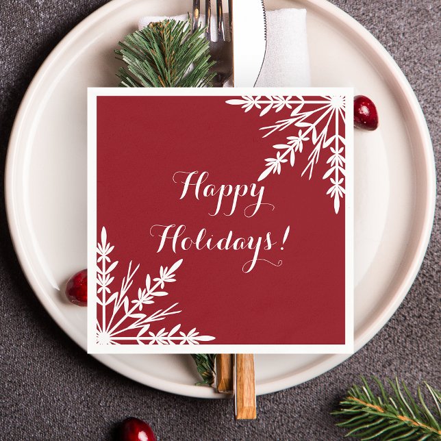 White Winter Snowflakes on Red Happy Holidays Paper Napkins (Creator Uploaded)