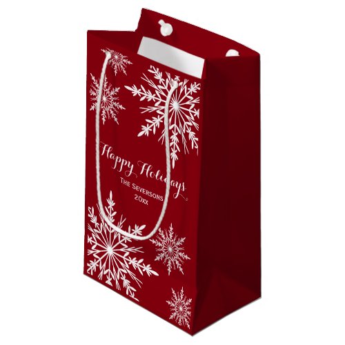 White Winter Snowflakes on Red Happy Holidays Small Gift Bag