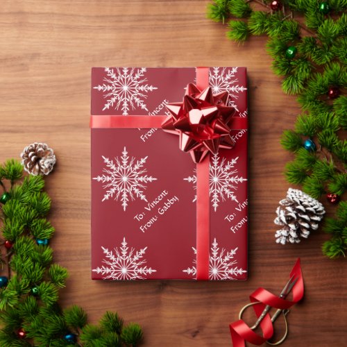 White Winter Snowflakes on Red Holiday Wrapping Paper