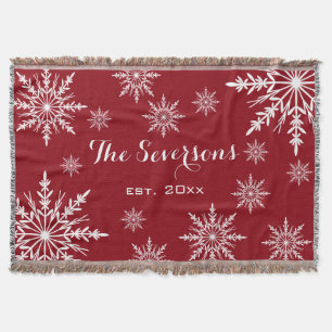 White Winter Snowflakes on Red Throw Blanket