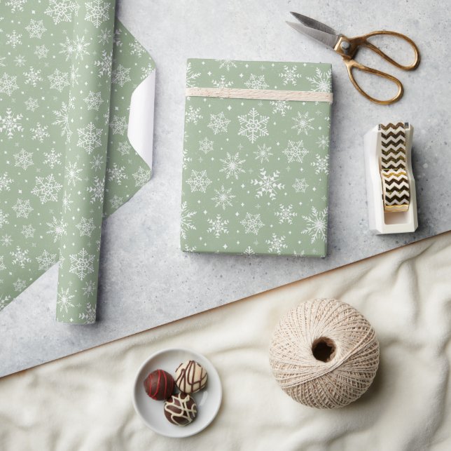 White Winter snowflakes stars snows on sage green Wrapping Paper (Crafts)