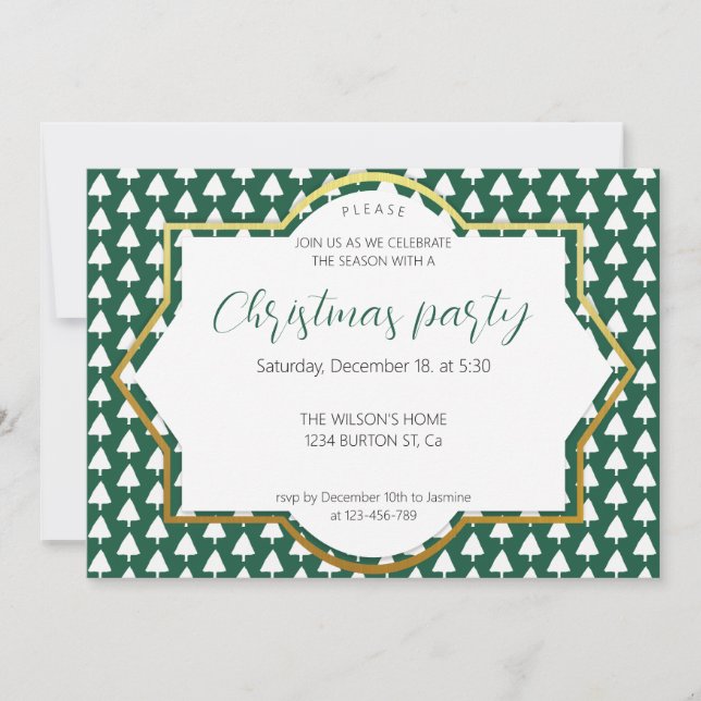 White Winter Tree on Green Christmas Party Announcement (Front)