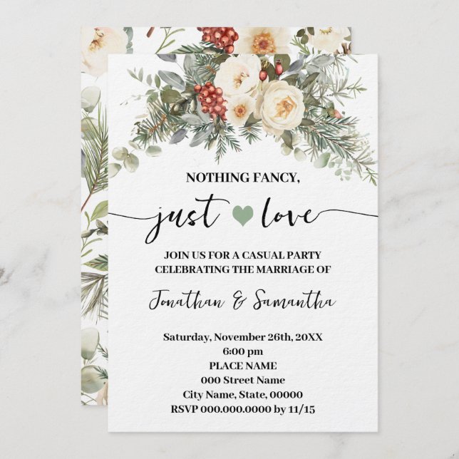 White Winter Wedding Nothing Fancy Just Love  Invitation (Front/Back)