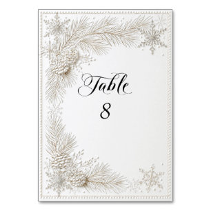 White Winter Wedding Pine Branches Snowflakes Table Number