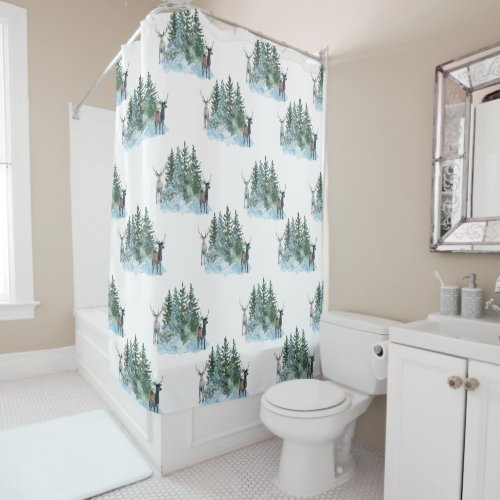 White Winter Wonderland Forest Antlers Pine Trees Shower Curtain