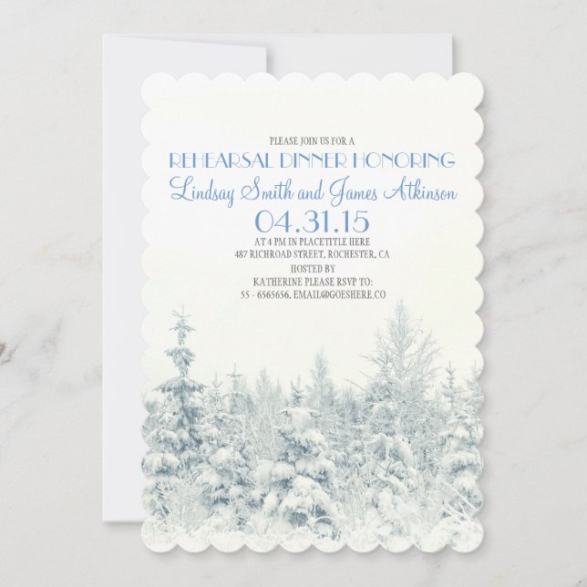 White winter woodland rehearsal dinner invitation (Front)
