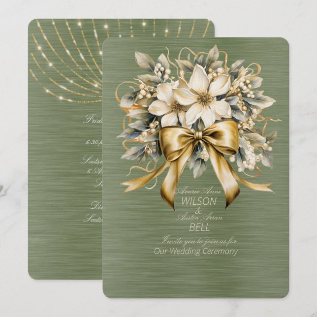 White Winterberry Green Leaf Gold Ribbon Christmas Invitation (Front/Back)