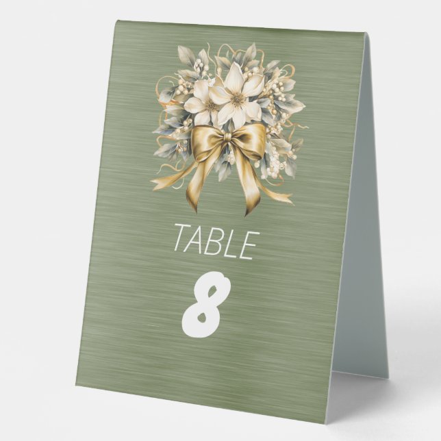 White Winterberry Green Leaf Gold Ribbon Table Tent (Front)