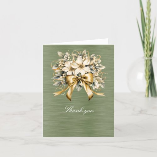 White Winterberry Green Leaf Gold Ribbon Thank You Card