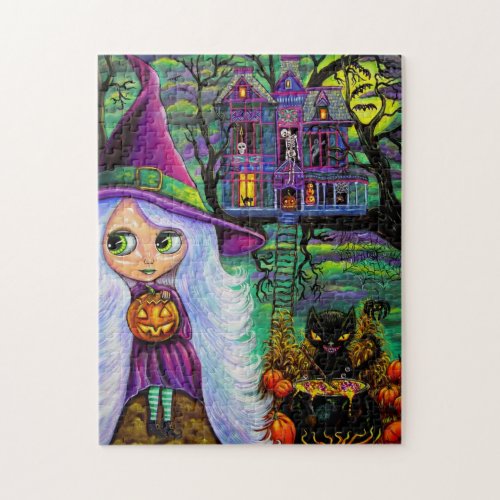 White Witch Haunted Tree House Black Cat Halloween Jigsaw Puzzle