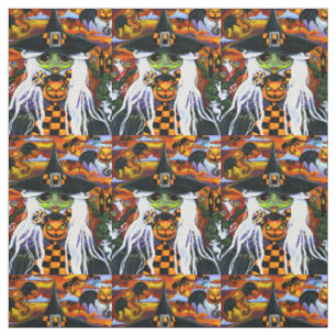 White Witch Kitty Ghosts Pumpkins Halloween Fabric