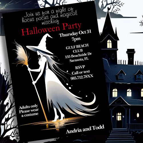 White witch with broomstick halloween Party Invitation