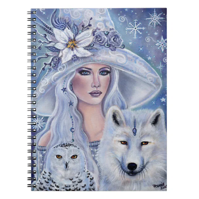 White witch with wolf and owl art by Renee Lavoie Notebook | Zazzle