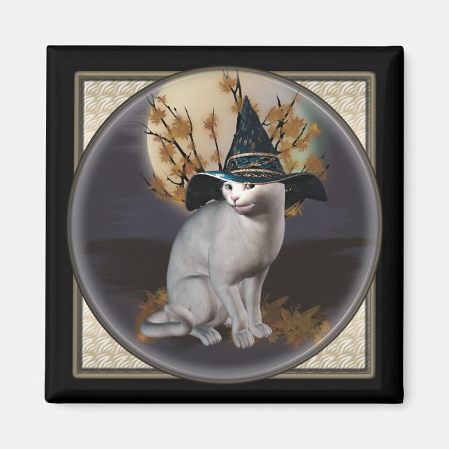 White Witches Cat Square Magnets (Front)