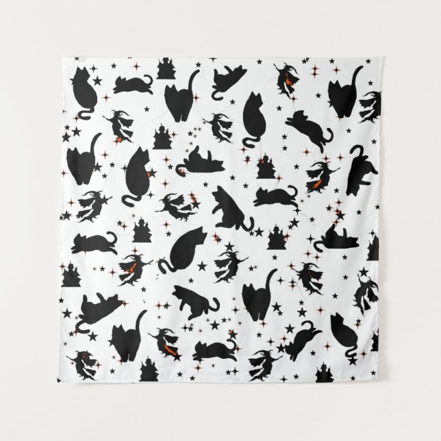 White Witchy Cats & Castle Tapestry (Front)