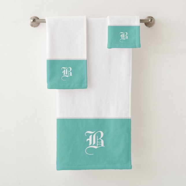 White with Aqua Green Grey Monogram Bath Towel Set (Insitu)