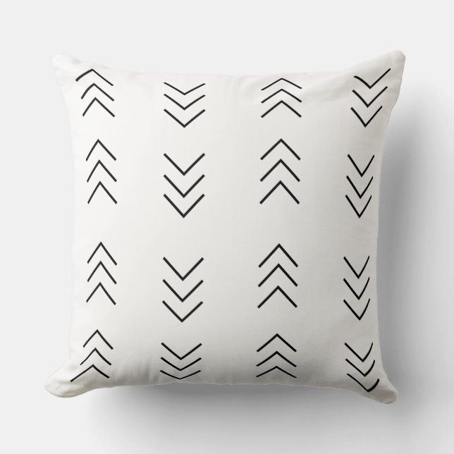 White with Black Arrow Mud Cloth Patterned Throw Pillow (Front)