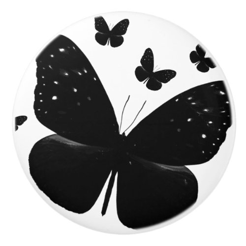 White with Black Butterflies Chic Butterfly Decor Ceramic Knob