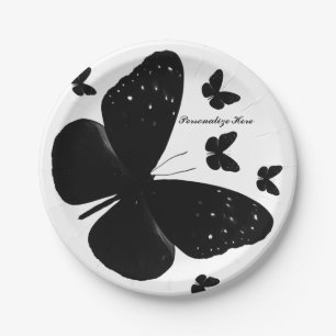 White with Black Butterflies Custom Chic Party Paper Plates
