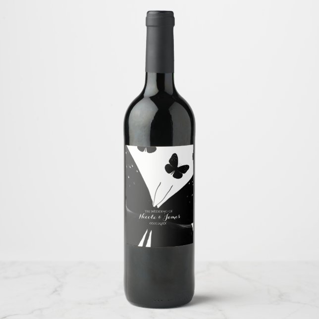 White with Black Butterflies Party Wine Labels (Front)
