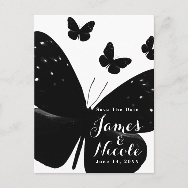 White with Black Butterflies Save the Date Announcement Postcard (Front)