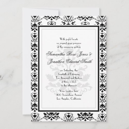 White with Black Damask Elegant Wedding Invitation