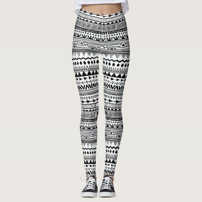 White with Black Ethnic Design Pattern Leggings (Front)