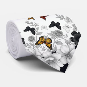 White with Black Floral and butterflies Neck Tie