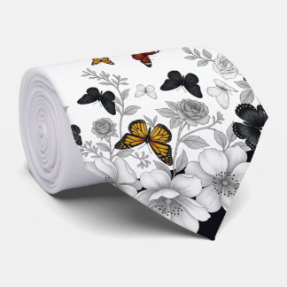 White with Black Floral and butterflies  Neck Tie