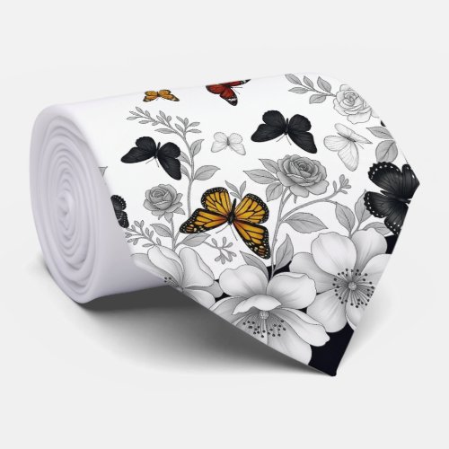 White with Black Floral and butterflies  Neck Tie