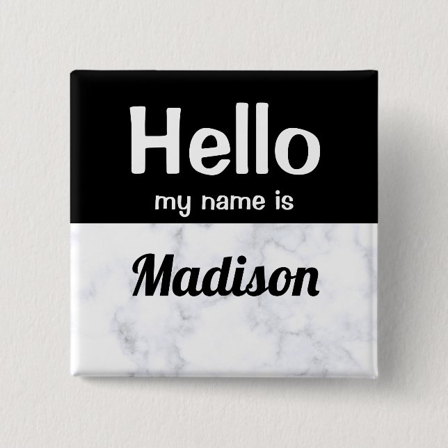 White with Black Hello Custom Name Tag Button (Front)