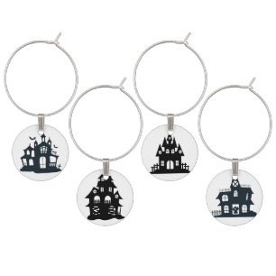 WHITE WITH BLACK SPOOKY HALLOWEEN HAUNTED HOUSES WINE CHARM