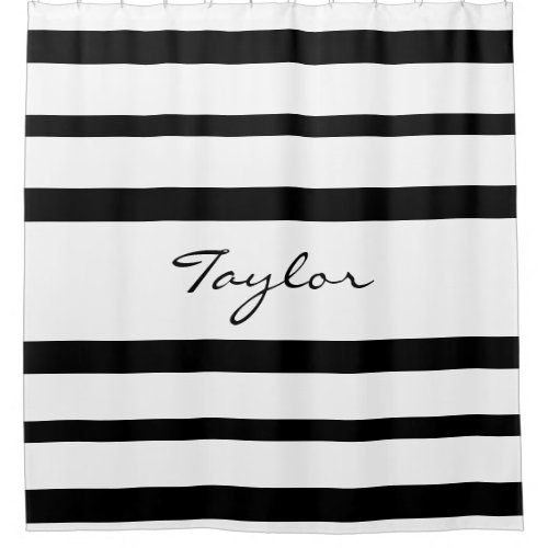 White with Black Stripe Custom Name Simply Elegant Shower Curtain