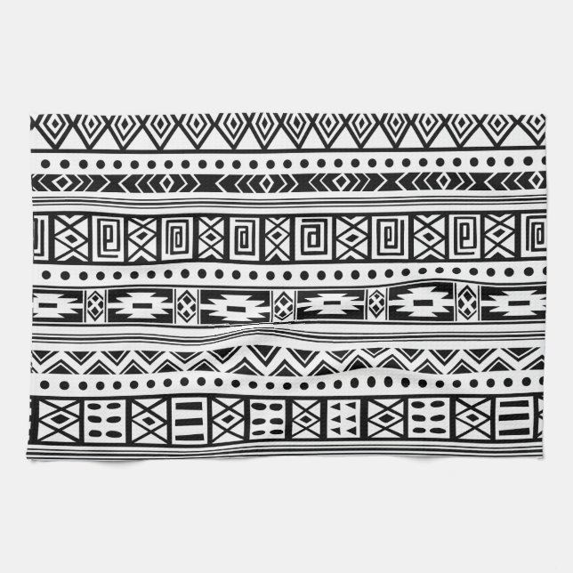 White With Black Tribal Ikat Seamless Pattern Kitchen Towel (Horizontal)