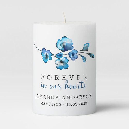White with Blue Flowers Watercolor Pillar Candle