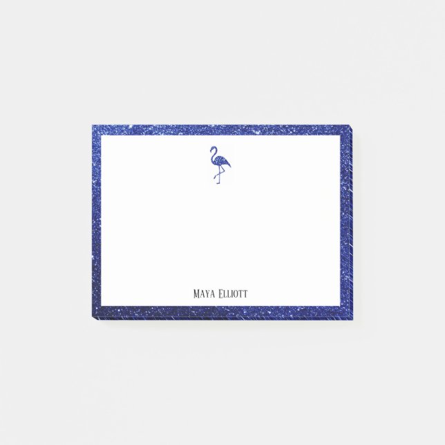 White with Blue Glitter Flamingo & Border w/ Name Post-it Notes (Front)