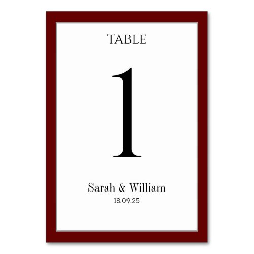 White With Burgundy Red Border Wedding Table Number