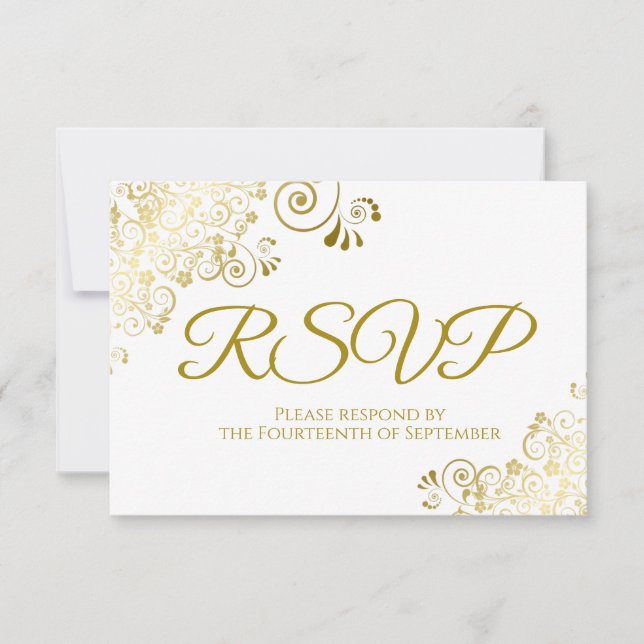 White with Elegant Gold Lace Frilly Wedding RSVP Card (Front)